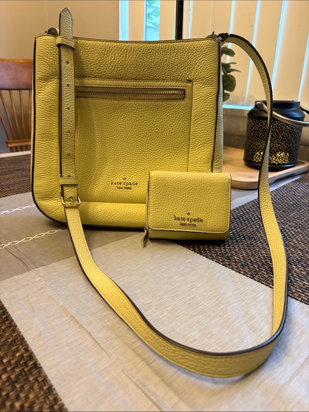 kate spade pastel lemon yellow pebbled leather crossbody w matching wallet set - Picture 7 of 10